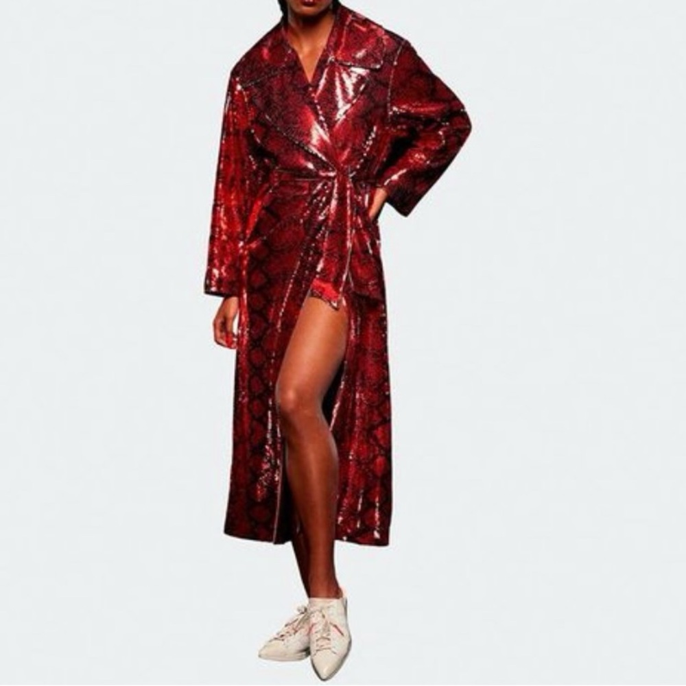 IVY PARK ADIDAS Red Snakeskin Printed All Sequin Trench Coat Med NWT Beyonce